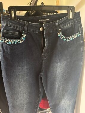 Boston Proper Dark Blue Jeans with Turquoise & Silver Beading NEVER WORN